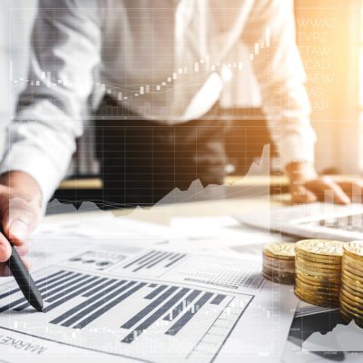 Data Analysis for Business and Finance Concept. Graphic interface showing future computer technology of profit analytic, online marketing research and information report for digital business strategy.